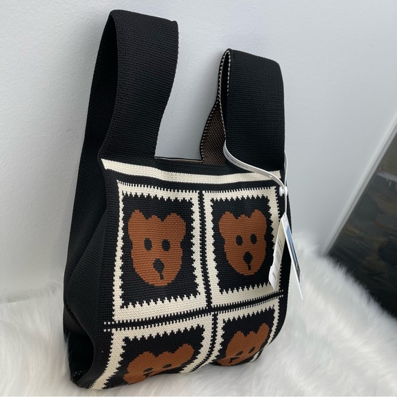 NWT Black/White Brown Bear Compact Stylish Essentials Handheld Bag - Picture 4 of 8